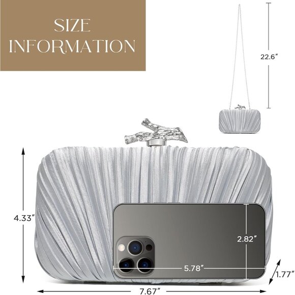 Women's Evening Formal Leather Shoulder Clutch Chain Strap Silver Satin Bag - Picture 4 of 6